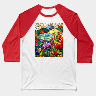 Stained Glass Colorful Mountain Flowers Baseball T-Shirt